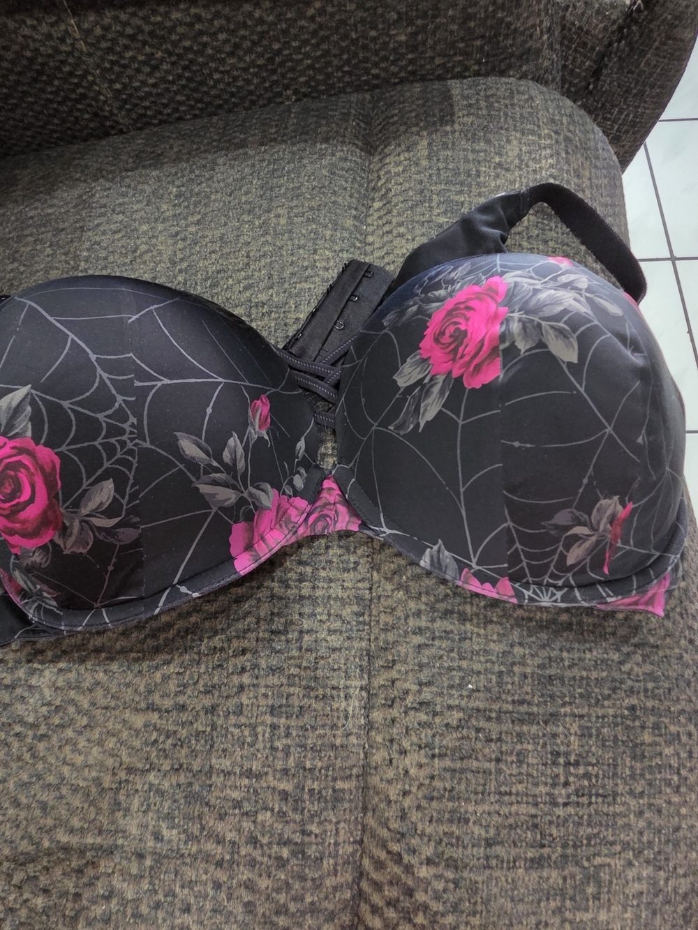Torrid Black Floral Padded Strapless Bra with Pink Rose Print 44DD